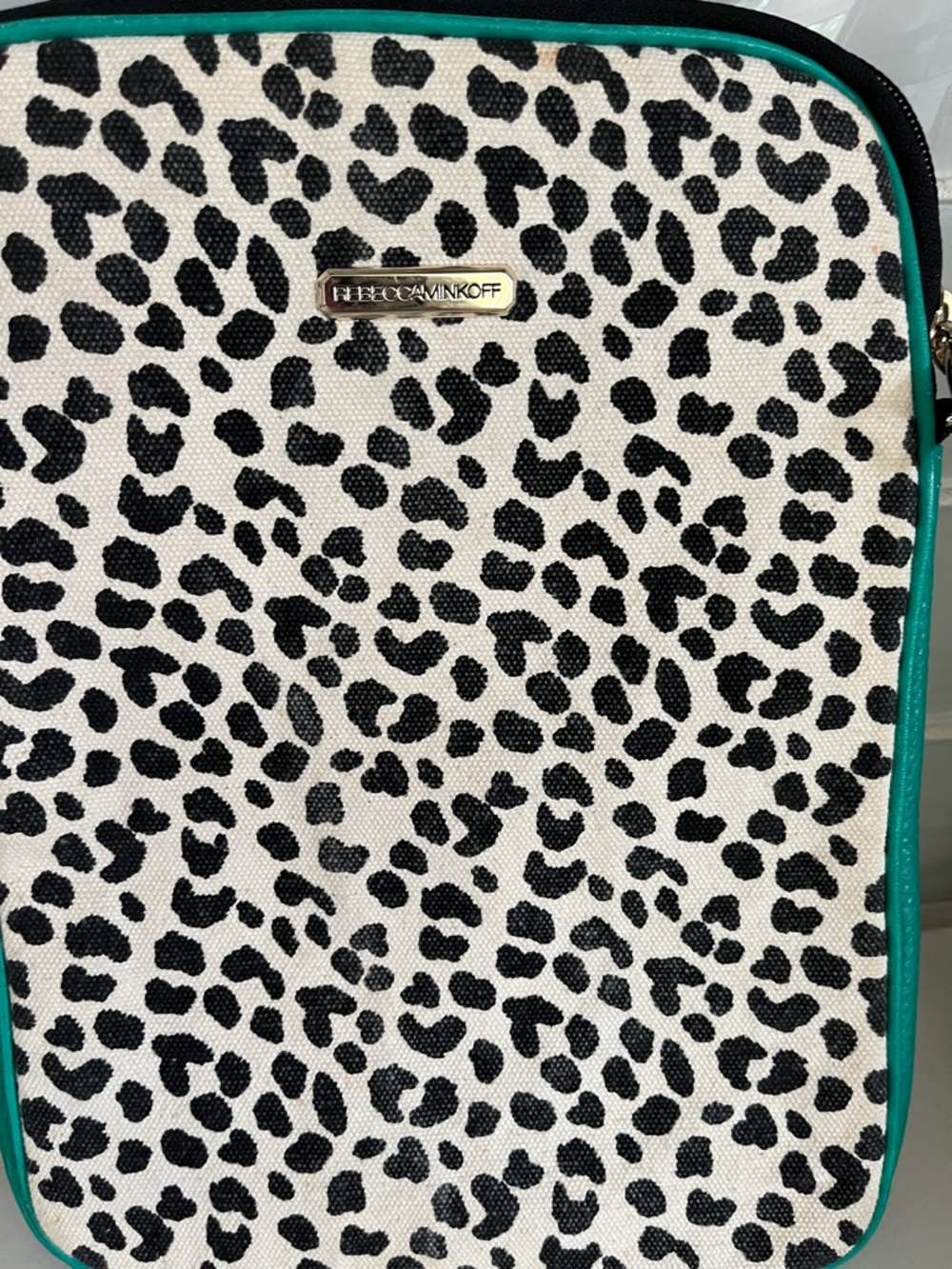 Rebecca Minkoff Black & White Leopard Cosmetic Pouch with Teal Trim